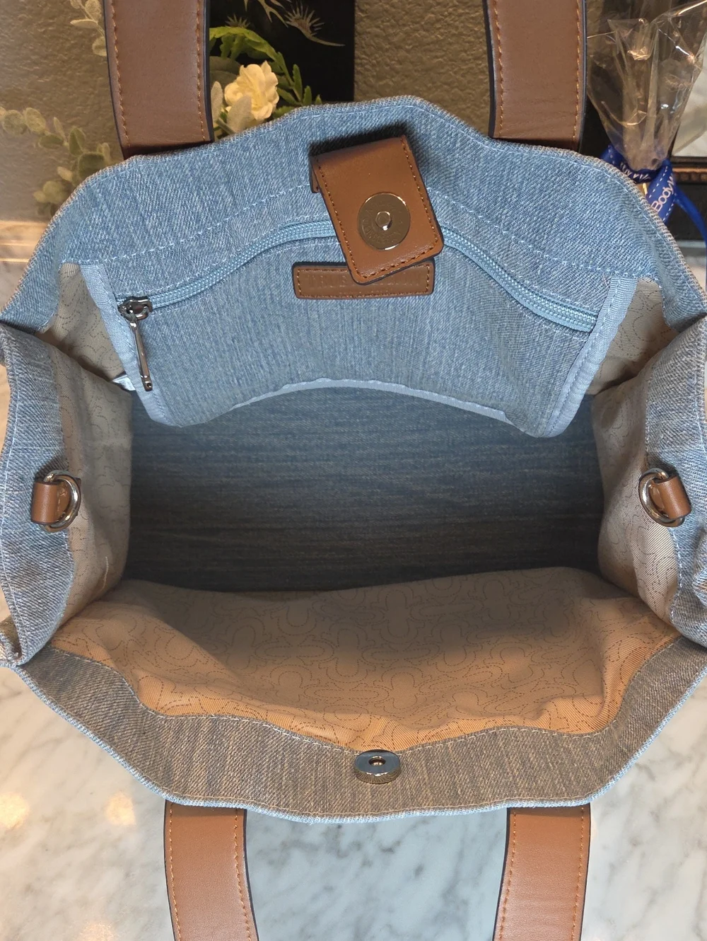 EUCTrue Religion Blue Denim Messenger Tote with Brown Handles and Red Logo Patch